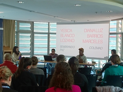Yésica Blanco Lozano und Diana Luz Barrios Marceles als Rednerinnen an einer Konferenz zum Friedensabkommen in Kolumbien im Rahmen der Genfer Friedenswoche.